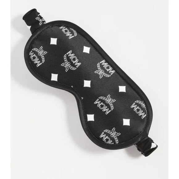 MCM NEW Monogram Logo Print Eye Mask Silk Satin Blend Reversible Black One Size